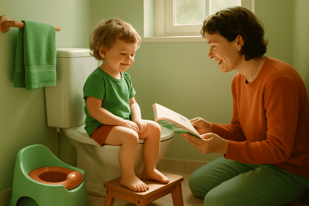 Un enfant assis avec les pieds posés sur un petit marchepied devant les toilettes, un parent agenouillé à côté lui montre un livre.
