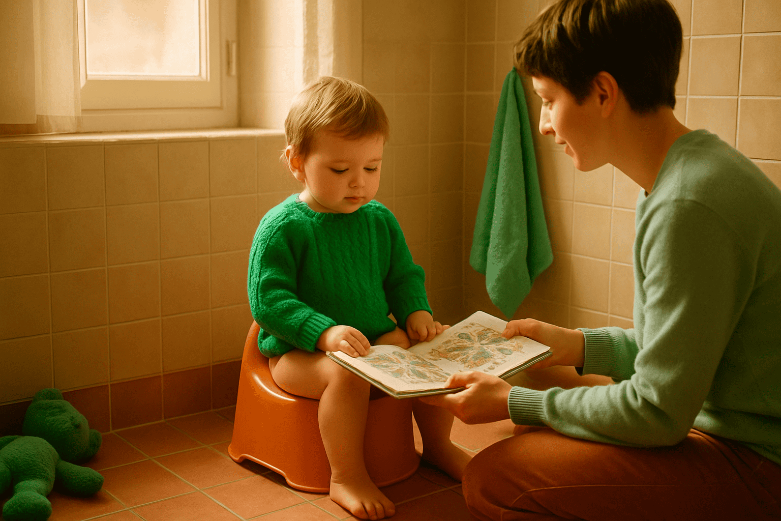 Un parent agenouillé lit un livre à un enfant assis sur un marchepied à côté d'un pot dans une salle de bain lumineuse.